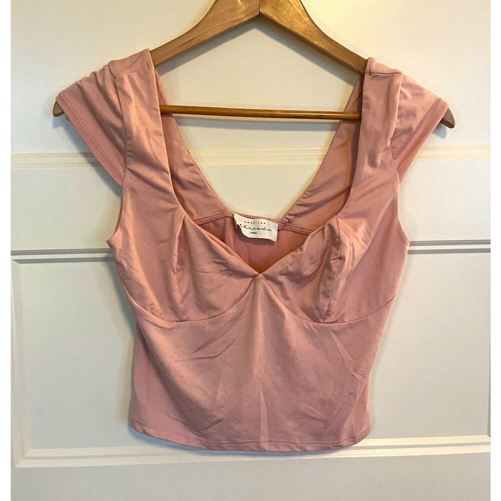 American Threads Pink Solid V-Neck Knit Cap Sleeve Cropped Pullover Top L